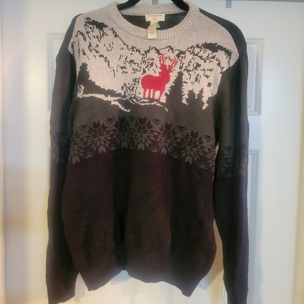 Vintage Y2K Dockers Knit Sweater Mens LG Graphic Deer Geometric Preppy Snowflake